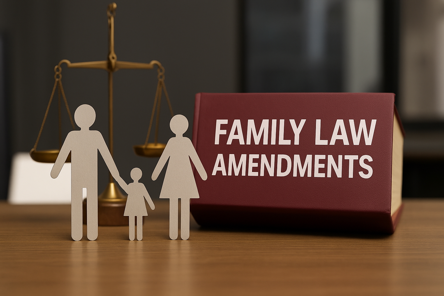 Photograph showing paper cut-out family with scales of justice and a legal book titled “Family Law Amendments,” representing changes to Australian family law in 2024 and 2025.
