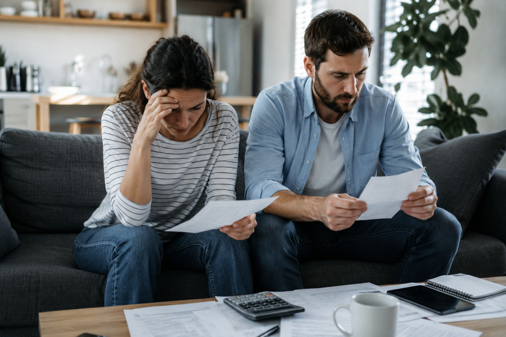 Separated couple reviewing loan and financial documents during a family law and property dispute in Australia.