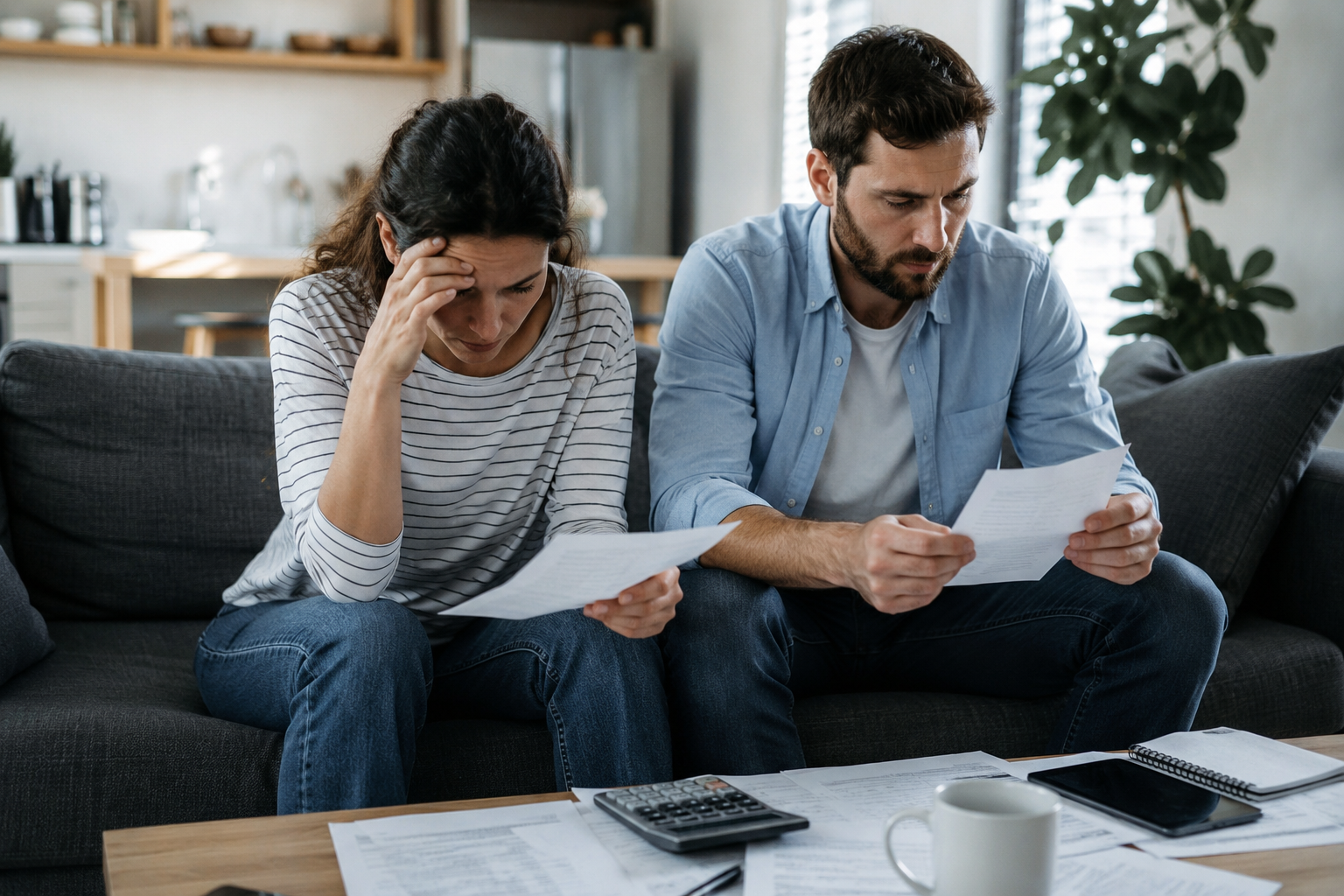 Separated couple reviewing loan and financial documents during a family law and property dispute in Australia.