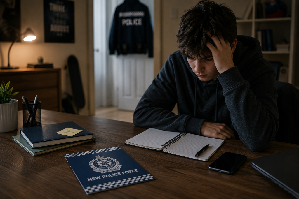 Young person sitting at a desk looking stressed beside NSW Police material, representing legal concerns and police questioning in New South Wales.