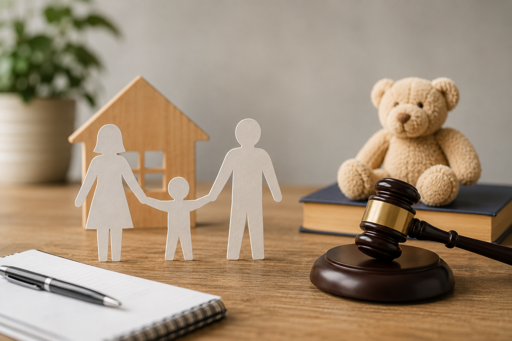 Family law concept image showing family figures, a house and legal documents representing child recovery orders in Sydney.