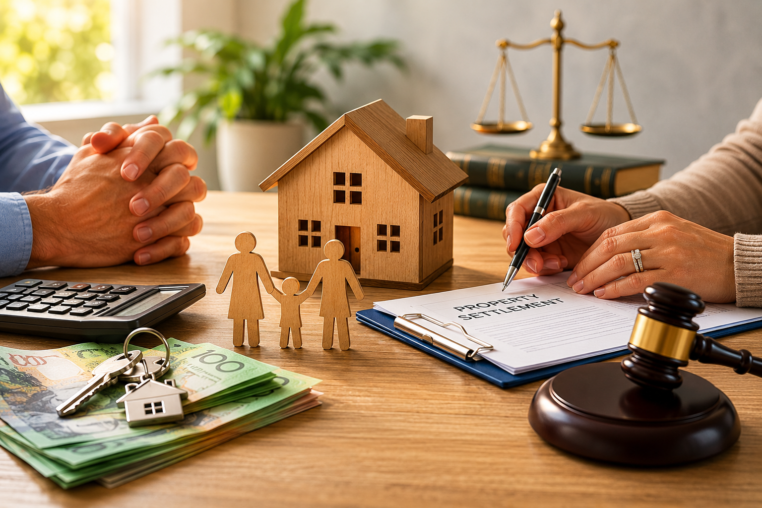 Property settlement in family law concept showing a family home, financial assets and legal documents representing property division after separation in Australia.